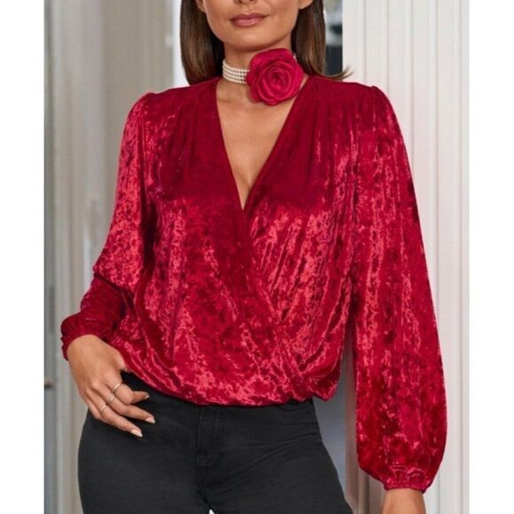 Boston Proper Red Crushed Velvet Surplice Wrap Top Puff Sleeves ‎ Large - Picture 1 of 4